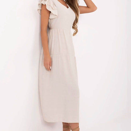 Elegant V-Neck Flared Midi Dress with Tie Waist and Back Button Closure - MimiStylez