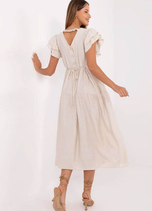 Elegant V-Neck Flared Midi Dress with Tie Waist and Back Button Closure - MimiStylez