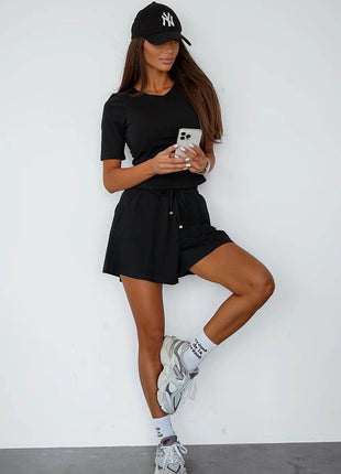 Cotton Ladies' Set with Short-Sleeve Top & Elastic Waist Shorts – Soft & Breathable - MimiStylez