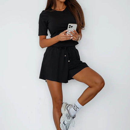 Cotton Ladies' Set with Short-Sleeve Top & Elastic Waist Shorts – Soft & Breathable - MimiStylez