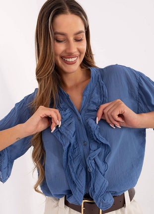 Boho Cotton Shirt – V-Neck, Button-Up with Flounced Sleeves & Front Detail - MimiStylez