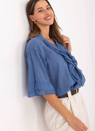 Boho Cotton Shirt – V-Neck, Button-Up with Flounced Sleeves & Front Detail - MimiStylez