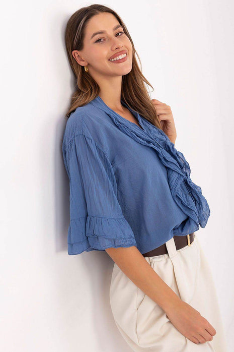 Boho Cotton Shirt – V-Neck, Button-Up with Flounced Sleeves & Front Detail - MimiStylez