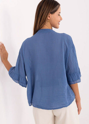 Boho Cotton Shirt – V-Neck, Button-Up with Flounced Sleeves & Front Detail - MimiStylez