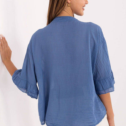 Boho Cotton Shirt – V-Neck, Button-Up with Flounced Sleeves & Front Detail - MimiStylez