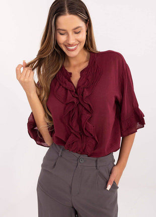 Boho Cotton Shirt – V-Neck, Button-Up with Flounced Sleeves & Front Detail - MimiStylez