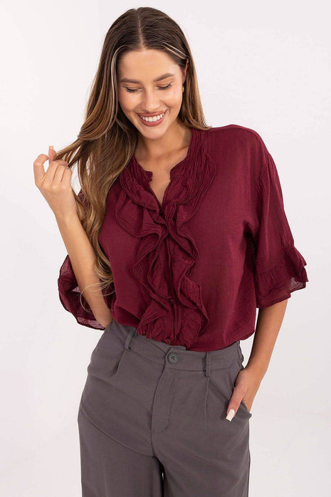 Boho Cotton Shirt – V-Neck, Button-Up with Flounced Sleeves & Front Detail - MimiStylez