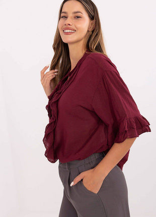 Boho Cotton Shirt – V-Neck, Button-Up with Flounced Sleeves & Front Detail - MimiStylez