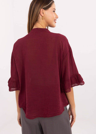 Boho Cotton Shirt – V-Neck, Button-Up with Flounced Sleeves & Front Detail - MimiStylez