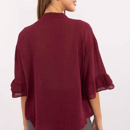 Boho Cotton Shirt – V-Neck, Button-Up with Flounced Sleeves & Front Detail - MimiStylez