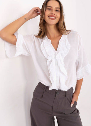 Boho Cotton Shirt – V-Neck, Button-Up with Flounced Sleeves & Front Detail - MimiStylez
