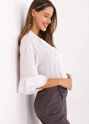 Boho Cotton Shirt – V-Neck, Button-Up with Flounced Sleeves & Front Detail - MimiStylez