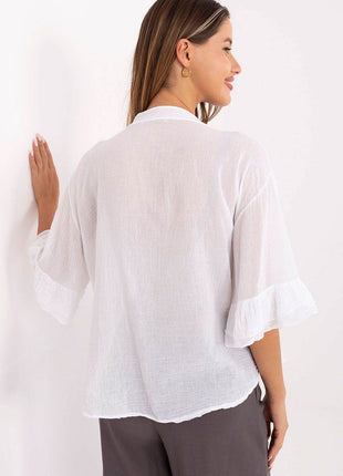 Boho Cotton Shirt – V-Neck, Button-Up with Flounced Sleeves & Front Detail - MimiStylez