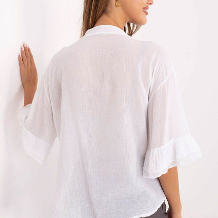 Boho Cotton Shirt – V-Neck, Button-Up with Flounced Sleeves & Front Detail - MimiStylez