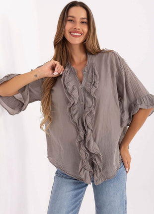 Boho Cotton Shirt – V-Neck, Button-Up with Flounced Sleeves & Front Detail - MimiStylez