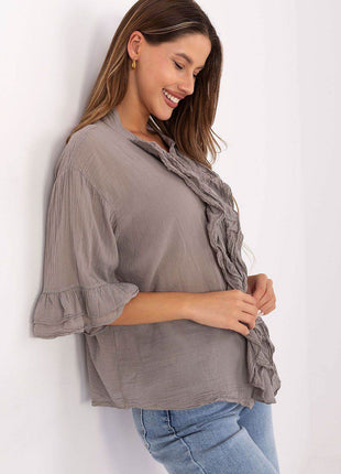 Boho Cotton Shirt – V-Neck, Button-Up with Flounced Sleeves & Front Detail - MimiStylez