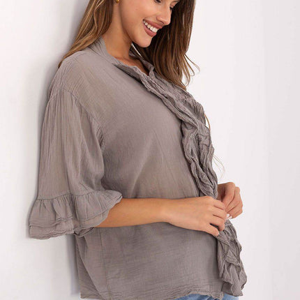 Boho Cotton Shirt – V-Neck, Button-Up with Flounced Sleeves & Front Detail - MimiStylez