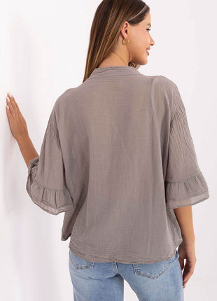 Boho Cotton Shirt – V-Neck, Button-Up with Flounced Sleeves & Front Detail - MimiStylez