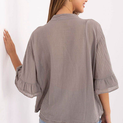Boho Cotton Shirt – V-Neck, Button-Up with Flounced Sleeves & Front Detail - MimiStylez