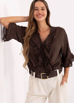 Boho Cotton Shirt – V-Neck, Button-Up with Flounced Sleeves & Front Detail - MimiStylez