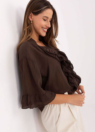 Boho Cotton Shirt – V-Neck, Button-Up with Flounced Sleeves & Front Detail - MimiStylez