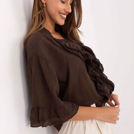 Boho Cotton Shirt – V-Neck, Button-Up with Flounced Sleeves & Front Detail - MimiStylez