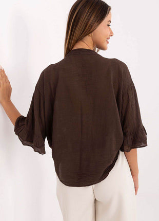 Boho Cotton Shirt – V-Neck, Button-Up with Flounced Sleeves & Front Detail - MimiStylez