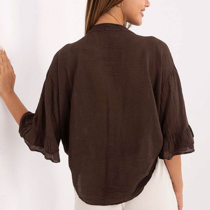 Boho Cotton Shirt – V-Neck, Button-Up with Flounced Sleeves & Front Detail - MimiStylez