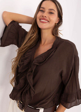 Boho Cotton Shirt – V-Neck, Button-Up with Flounced Sleeves & Front Detail - MimiStylez