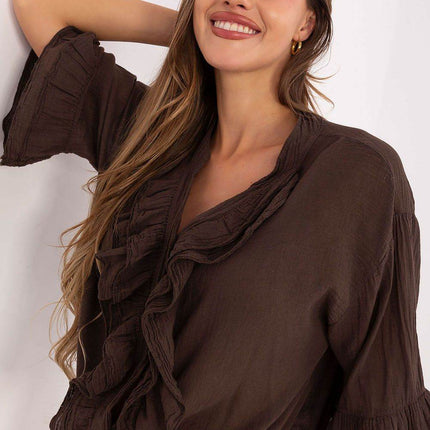 Boho Cotton Shirt – V-Neck, Button-Up with Flounced Sleeves & Front Detail - MimiStylez