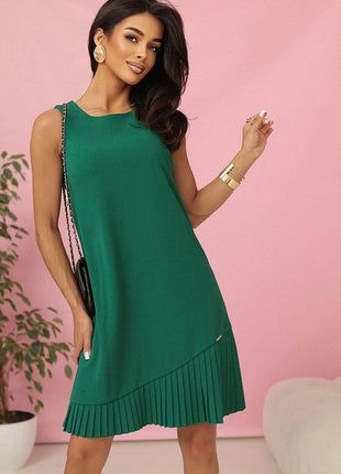 Modest Trapeze A-Line Sleeveless Midi Dress with Asymmetrical Pleats - MimiStylez