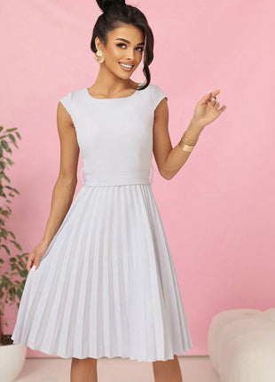 Pleated Midi Dress with Short Sleeves & Belt - MimiStylez