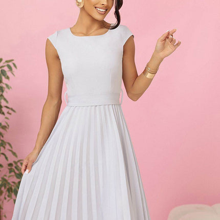 Pleated Midi Dress with Short Sleeves & Belt - MimiStylez