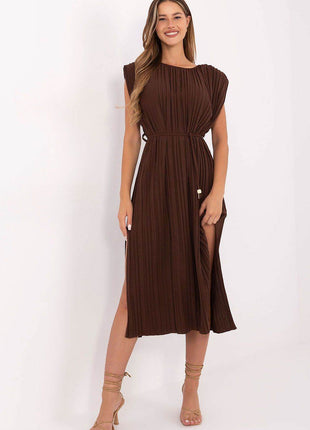 Summer Pleated Midi Dress with Sleeveless Design and Waist Tie - MimiStylez