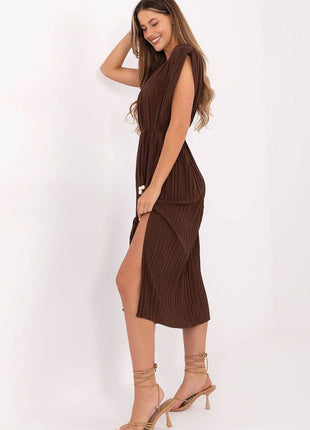 Summer Pleated Midi Dress with Sleeveless Design and Waist Tie - MimiStylez