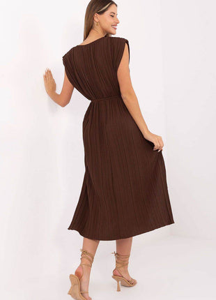 Summer Pleated Midi Dress with Sleeveless Design and Waist Tie - MimiStylez
