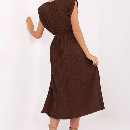 Summer Pleated Midi Dress with Sleeveless Design and Waist Tie - MimiStylez