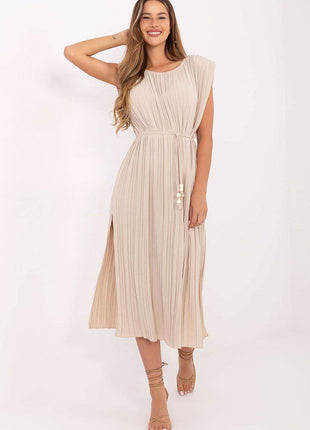 Summer Pleated Midi Dress with Sleeveless Design and Waist Tie - MimiStylez