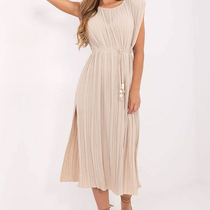 Summer Pleated Midi Dress with Sleeveless Design and Waist Tie - MimiStylez