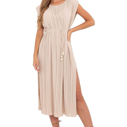Summer Pleated Midi Dress with Sleeveless Design and Waist Tie - MimiStylez