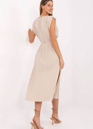 Summer Pleated Midi Dress with Sleeveless Design and Waist Tie - MimiStylez