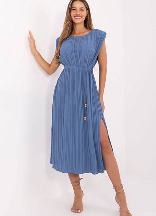 Sleeveless Pleated Flared Midi Dress with Waist Tie & Shoulder Pads - MimiStylez