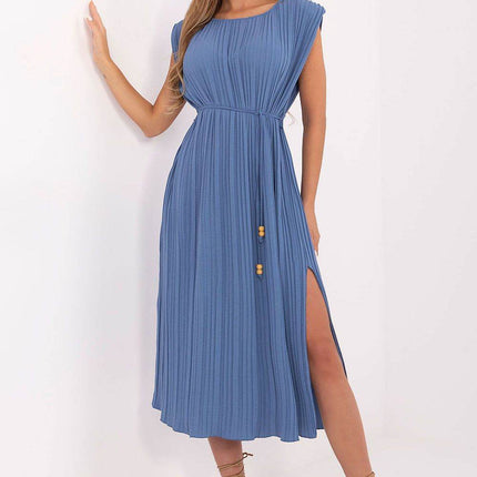 Sleeveless Pleated Flared Midi Dress with Waist Tie & Shoulder Pads - MimiStylez