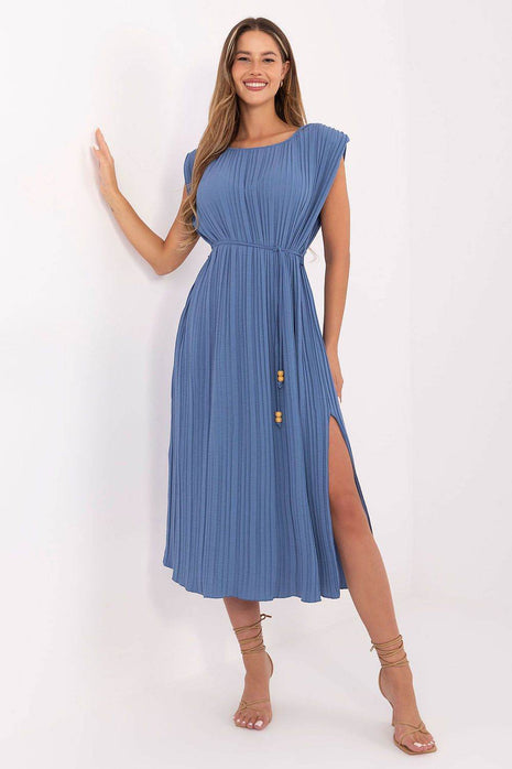 Sleeveless Pleated Flared Midi Dress with Waist Tie & Shoulder Pads - MimiStylez