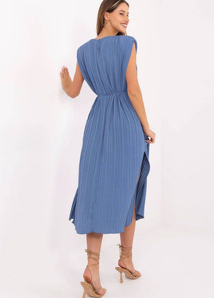 Sleeveless Pleated Flared Midi Dress with Waist Tie & Shoulder Pads - MimiStylez