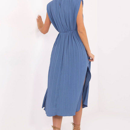 Sleeveless Pleated Flared Midi Dress with Waist Tie & Shoulder Pads - MimiStylez