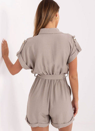 Casual Short Jumpsuit with Waist Tie and Button Front - MimiStylez