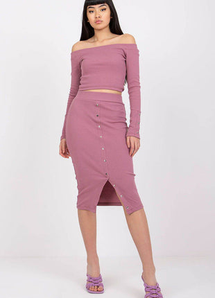 Women's Ribbed Knit Cotton Set – Off-Shoulder Top & Buttoned Midi Skirt - MimiStylez