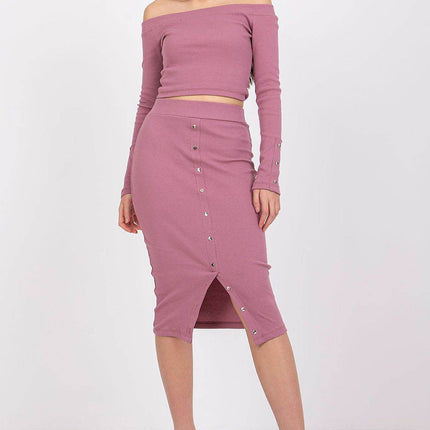 Women's Ribbed Knit Cotton Set – Off-Shoulder Top & Buttoned Midi Skirt - MimiStylez