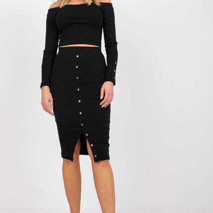 Women's Ribbed Knit Cotton Set – Off-Shoulder Top & Buttoned Midi Skirt - MimiStylez